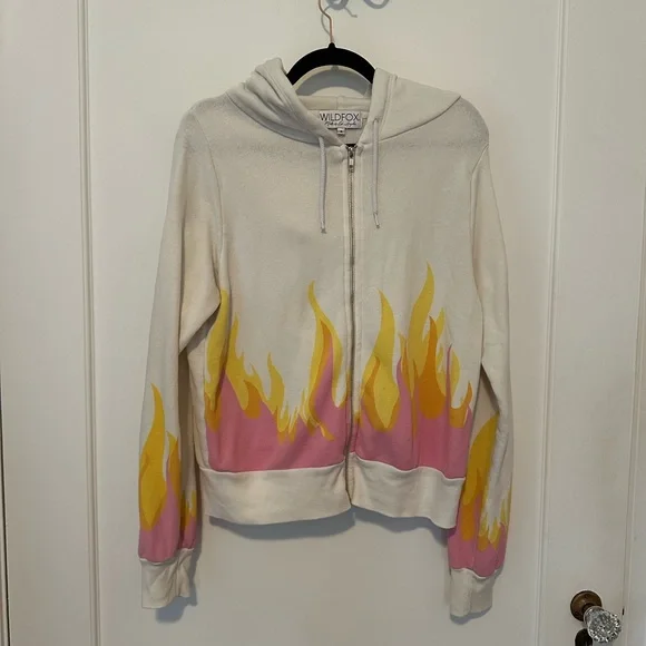Wildfox white zip-up hoodie with pink/yellow/orange flames- Size S - Picture 5 of 13